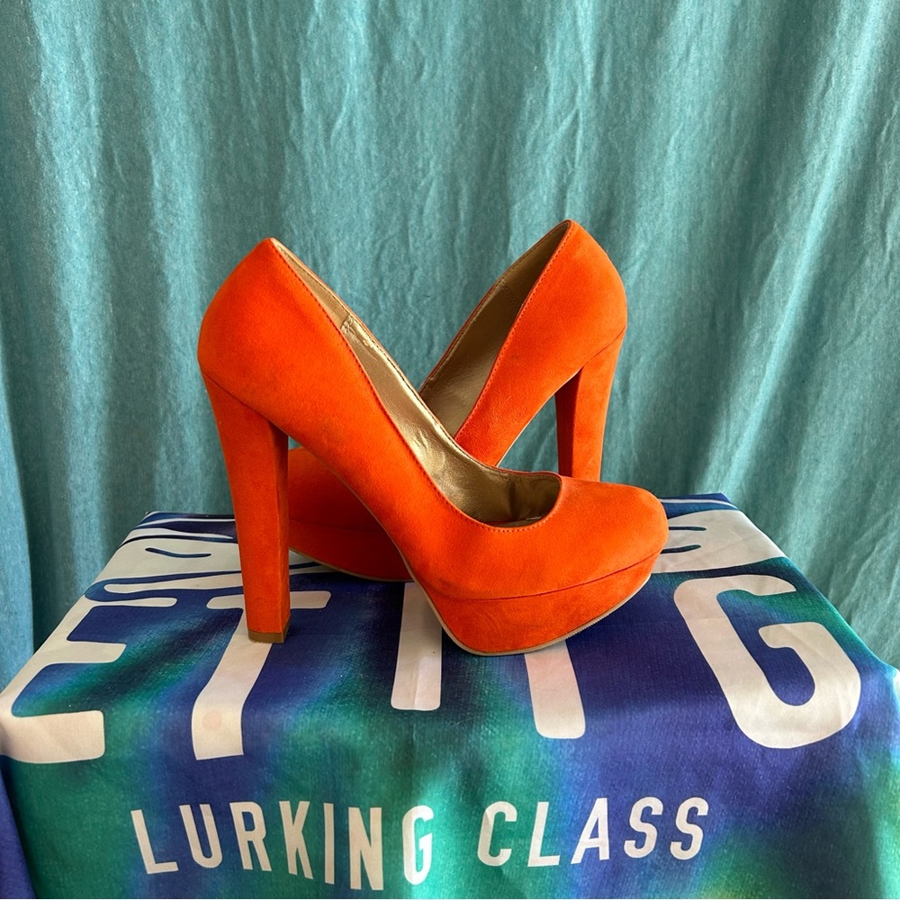 Neon Orange Suede Heels